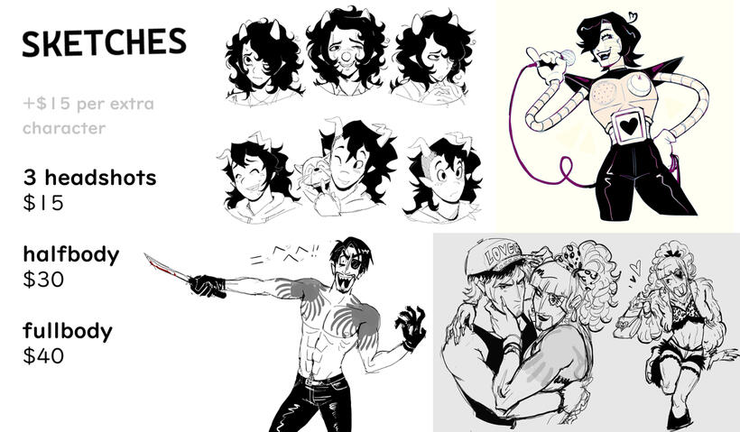 SKETCHES. +$15 per extra character, 3 headshots = $15, halfbody = $30, fullbody = $40
