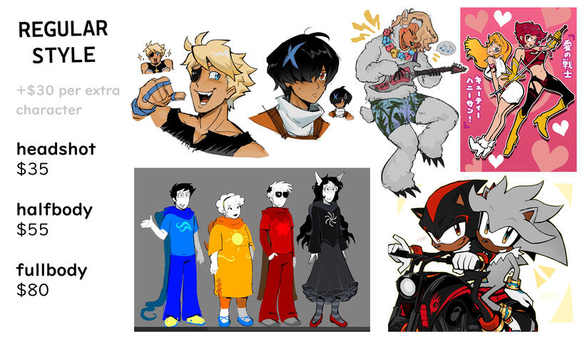 REGULAR STYLE. +$30 per extra character. headshot = $35, halfbody = $55, fullbody = $80